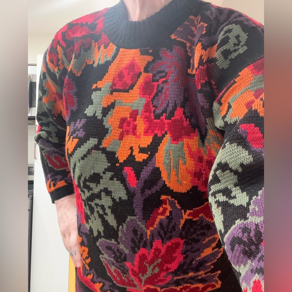 Arielle maximalist Art to wear bold floral knit vintage chunky Sweater-L - Picture 6 of 8